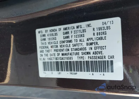 2013 Honda Accord Lx-S from USA, damaged, VIN 1HGCT1B31DA016565